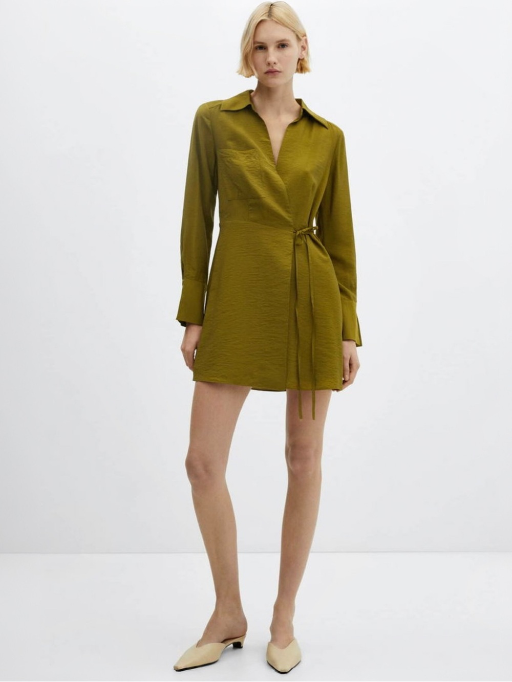 Mango Bow Wrap Mini Dress Khaki Olive Green Sz 8 NWT